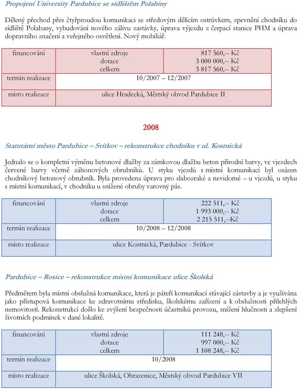 termín realizace 10/2007 12/2007 817 560,-- Kč 3 000 000,-- Kč 3 817 560,-- Kč ulice Hradecká, Městský obvod Pardubice II 2008 Statutární město Pardubice Svítkov rekonstrukce chodníku v ul.