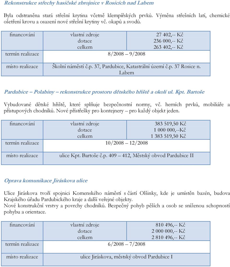 p. 37 Rosice n. Labem Pardubice Polabiny rekonstrukce prostoru dětského hřiště a okolí ul. Kpt. Bartoše Vybudované dětské hřiště, které splňuje bezpečnostní normy, vč.