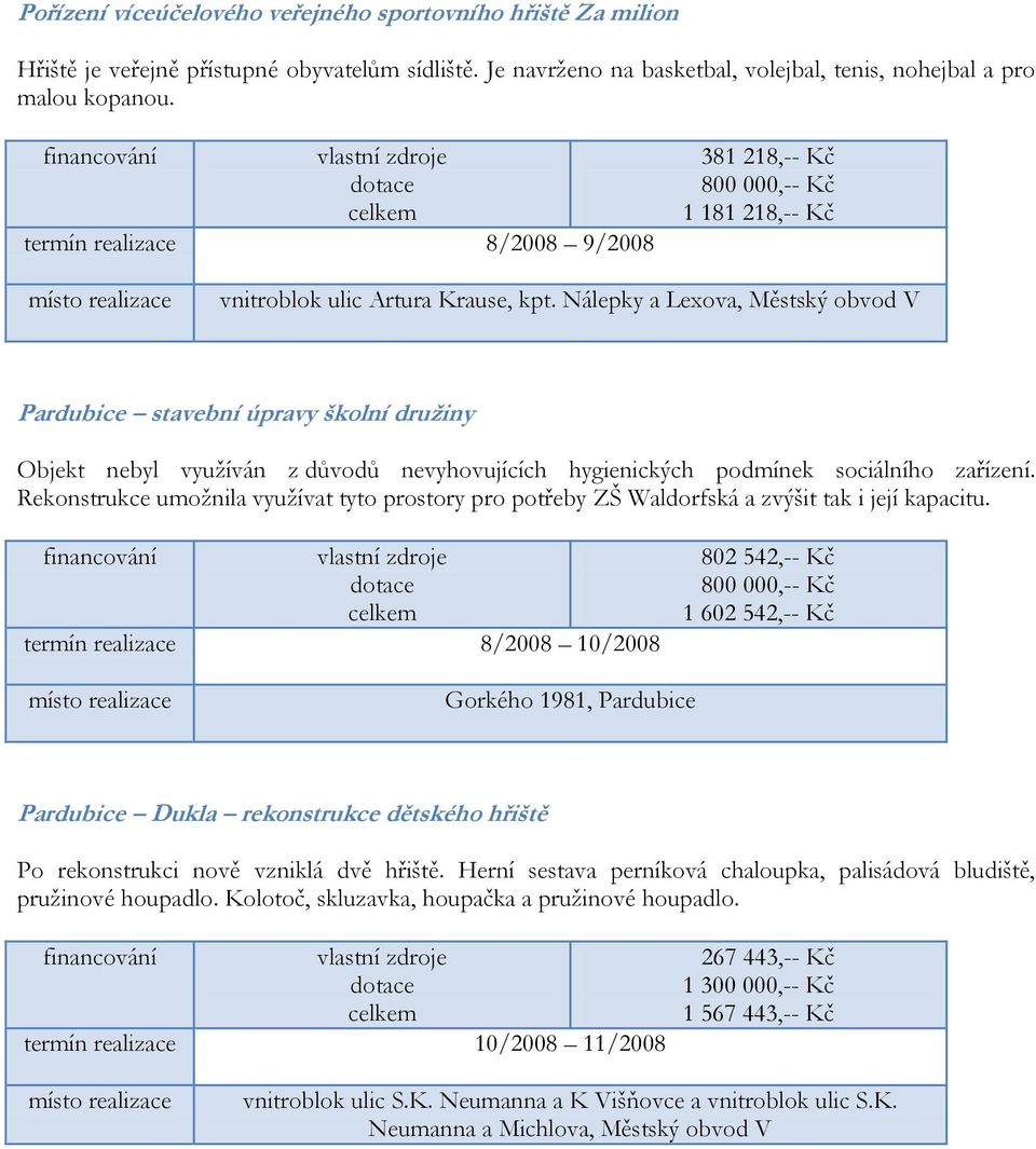 Nálepky a Lexova, Městský obvod V Pardubice stavební úpravy školní družiny Objekt nebyl využíván z důvodů nevyhovujících hygienických podmínek sociálního zařízení.