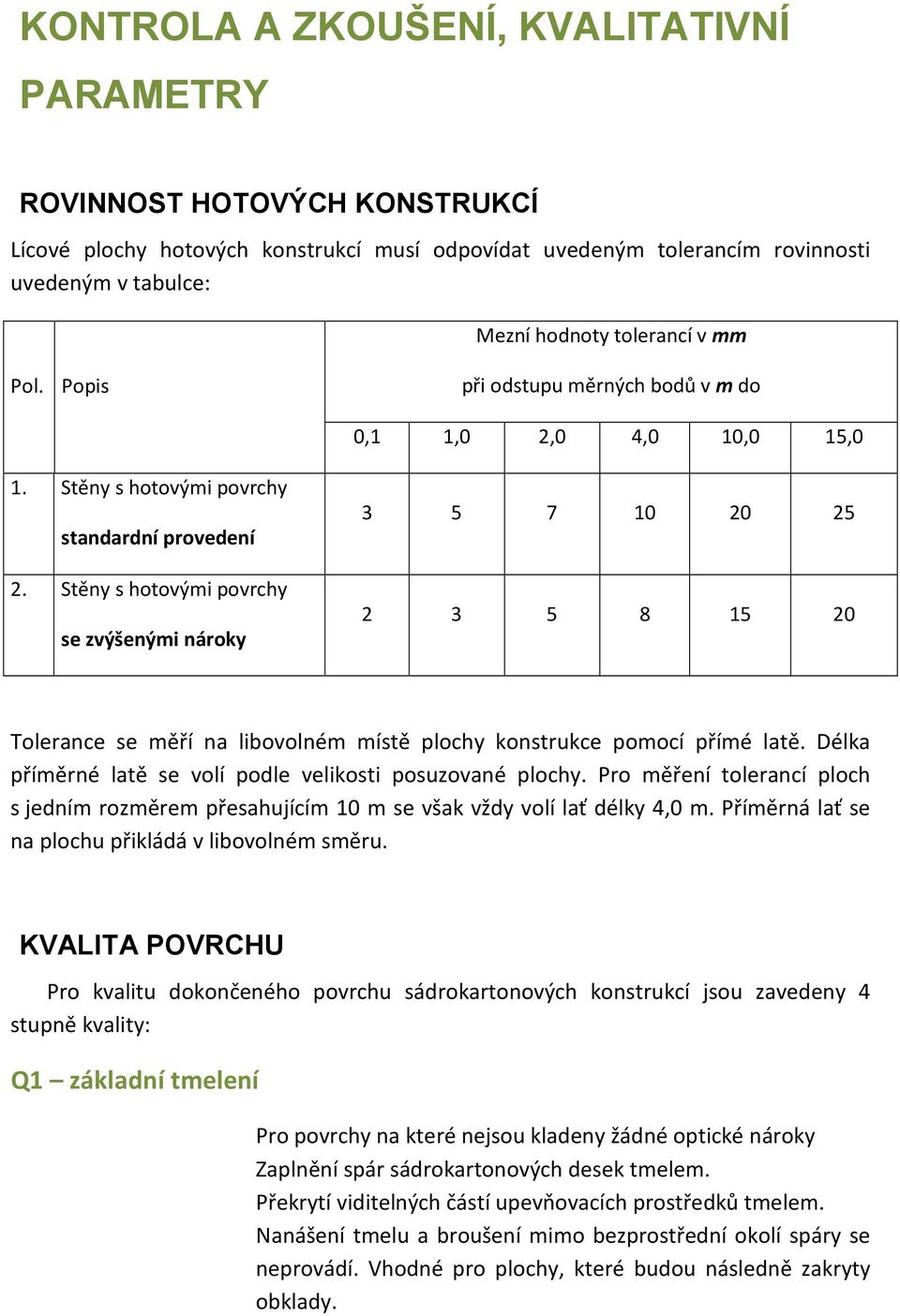 Stěny s hotovými povrchy se zvýšenými nároky 3 5 7 10 20 25 2 3 5 8 15 20 Tolerance se měří na libovolném místě plochy konstrukce pomocí přímé latě.