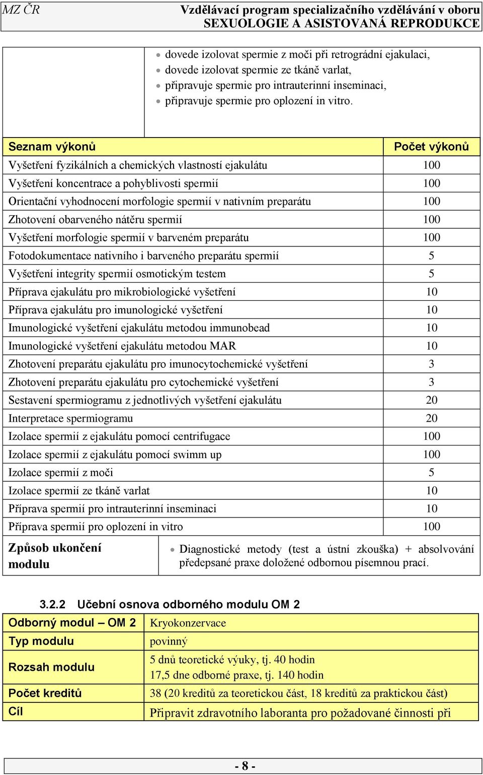 Zhotovení obarveného nátěru spermií 00 Vyšetření morfologie spermií v barveném preparátu 00 Fotodokumentace nativního i barveného preparátu spermií 5 Vyšetření integrity spermií osmotickým testem 5