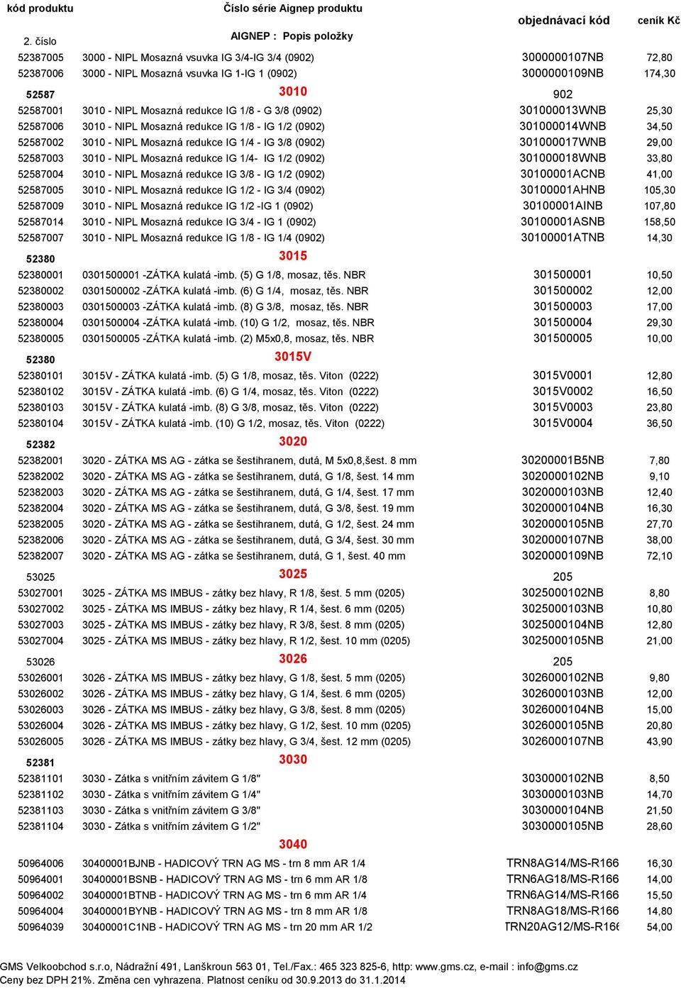 301000017WNB 29,00 52587003 3010 - NIPL Mosazná redukce IG 1/4- IG 1/2 (0902) 301000018WNB 33,80 52587004 3010 - NIPL Mosazná redukce IG 3/8 - IG 1/2 (0902) 30100001ACNB 41,00 52587005 3010 - NIPL