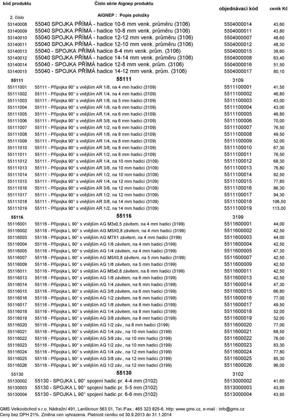 průměru (3106) 5504000012 48,30 53140013 55040 - SPOJKA PŘÍMÁ hadice 8-4 mm venk. prům. (3106) 5504000015 38,60 53140012 55040 SPOJKA PŘÍMÁ - hadice 14-14 mm venk.