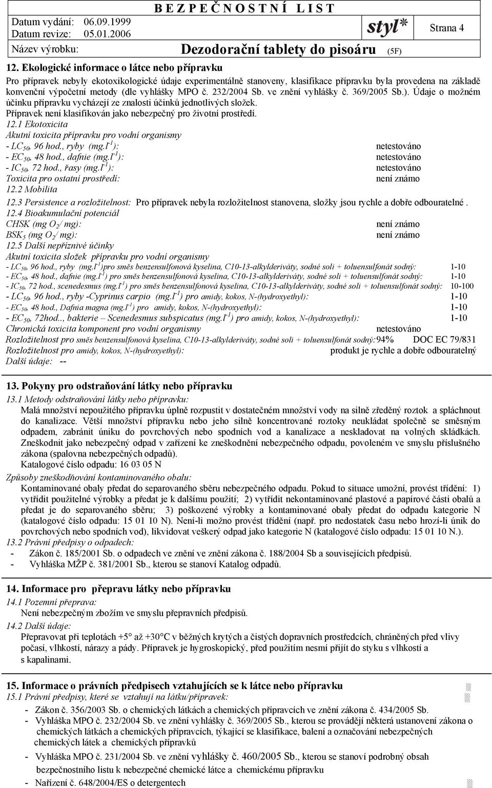 vyhlášky MPO č. 232/2004 Sb. ve znění vyhlášky č. 369/2005 Sb.). Údaje o možném účinku přípravku vycházejí ze znalosti účinků jednotlivých složek.