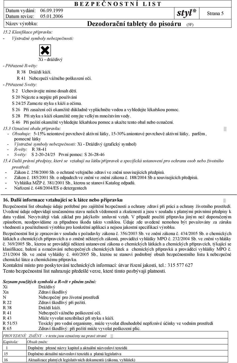 S 26 Při zasažení očí okamžitě důkladně vypláchněte vodou a vyhledejte lékařskou pomoc. S 28 Při styku s kůží okamžitě omyjte velkým množstvím vody.