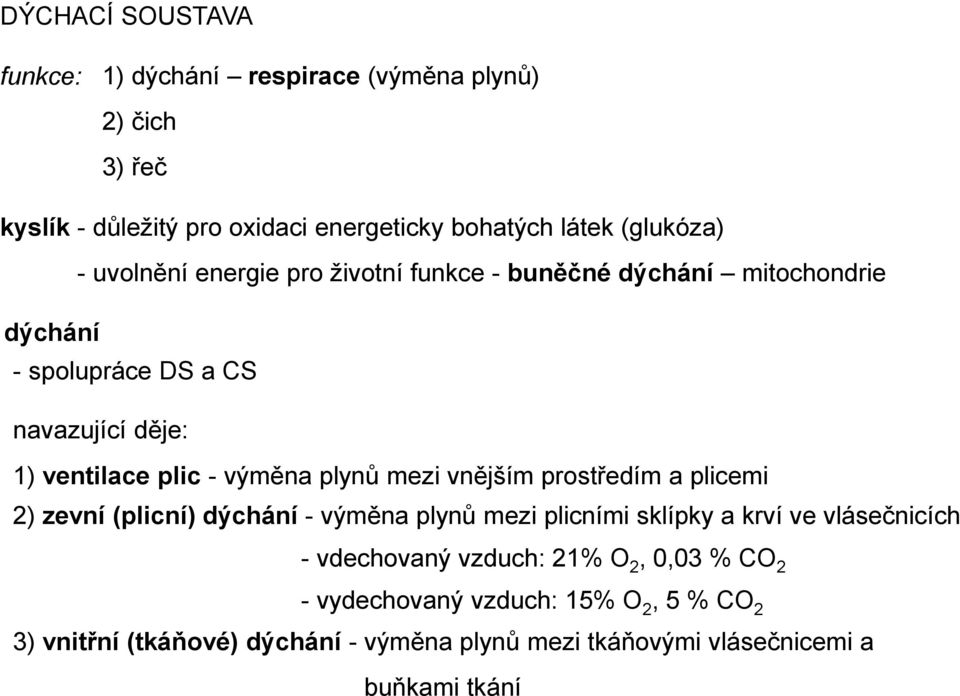 plynů mezi vnějším prostředím a plicemi 2) zevní (plicní) dýchání - výměna plynů mezi plicními sklípky a krví ve vlásečnicích - vdechovaný