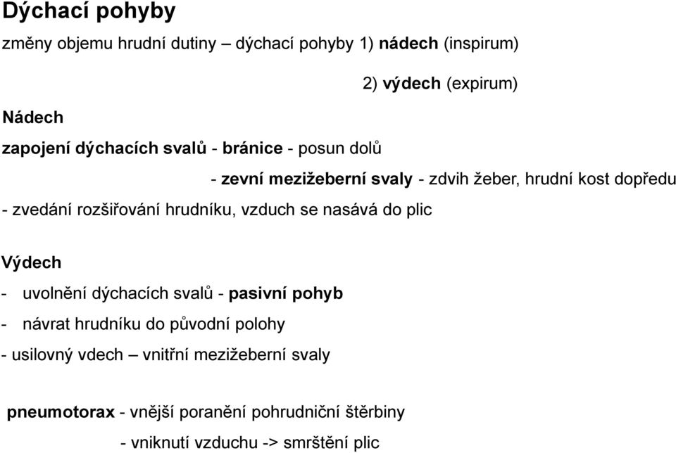 hrudníku, vzduch se nasává do plic Výdech - uvolnění dýchacích svalů - pasivní pohyb - návrat hrudníku do původní polohy