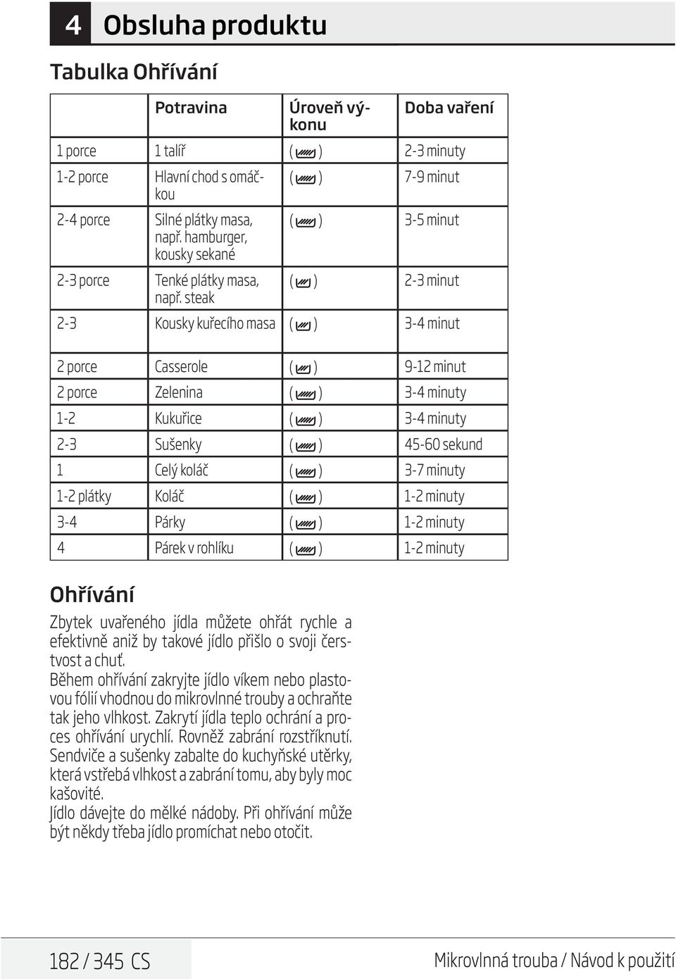 steak ( ) 7-9 minut ( ) 3-5 minut ( ) 2-3 minut 2-3 Kousky kuřecího masa ( ) 3-4 minut 2 porce Casserole ( ) 9-12 minut 2 porce Zelenina ( ) 3-4 minuty 1-2 Kukuřice ( ) 3-4 minuty 2-3 Sušenky ( )
