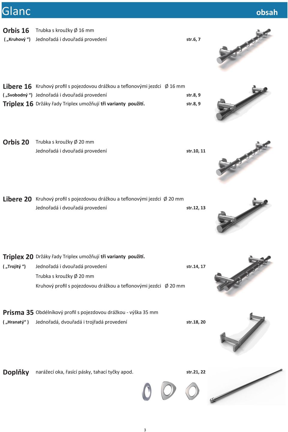8, 9 Triplex 16 Držáky řady Triplex umožňují tři varianty použití. str.8, 9 Orbis 20 Trubka s kroužky Ø 20 mm Jednořadá i dvouřadá provedení str.