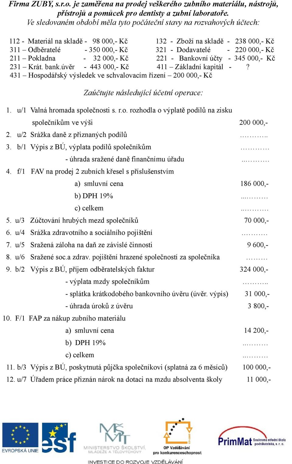 000,- Kč 211 Pokladna - 32 000,- Kč 221 - Bankovní účty - 345 000,- Kč 231 Krát. bank.úvěr - 443 000,- Kč 411 Základní kapitál -?