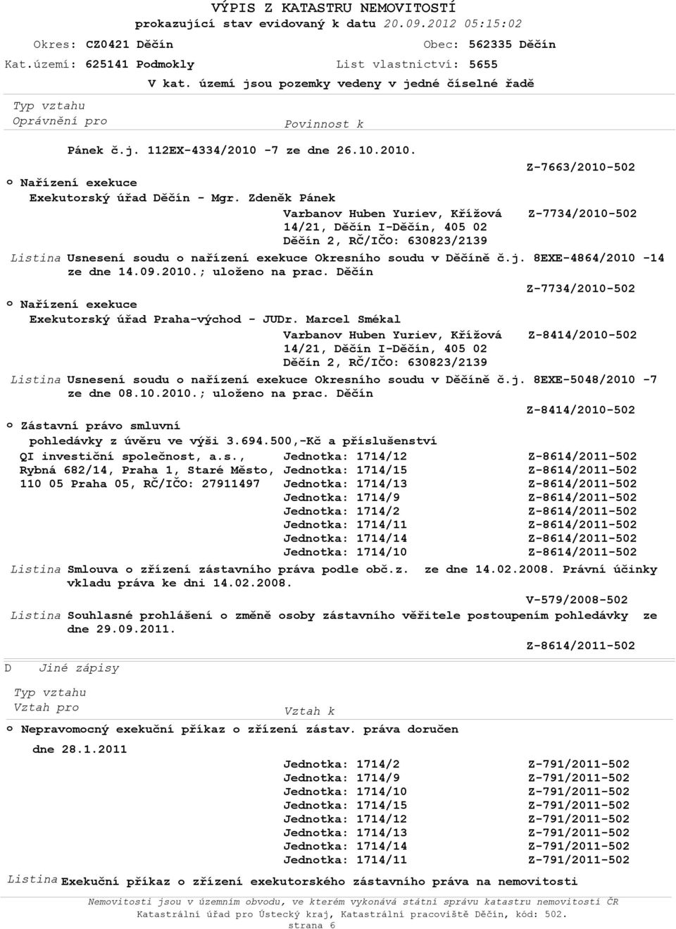 Marcel Smékal Z-8414/2010-502 Usnesení sudu nařízení exekuce Okresníh sudu v Děčíně č.j. 8EXE-5048/2010-7 ze dne 08.10.2010.; ulžen na prac.