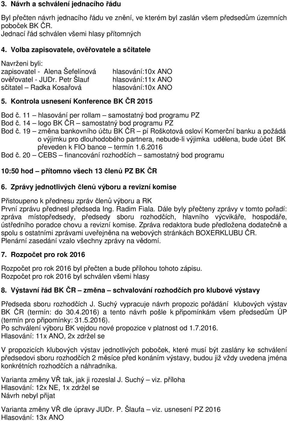 Kontrola usnesení Konference BK ČR 2015 Bod č. 11 hlasování per rollam samostatný bod programu PZ Bod č. 14 logo BK ČR samostatný bod programu PZ Bod č.