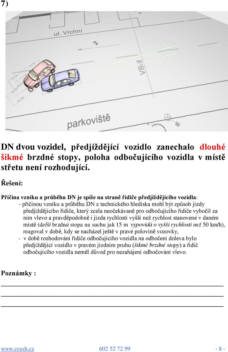 neočekávaně pro odbočujícího řidiče vybočil za ním vlevo a pravděpodobně i jízda rychlostí vyšší než rychlost stanovené v daném místě (delší brzdná stopa na suchu jak 15 m vypovídá o vyšší rychlosti