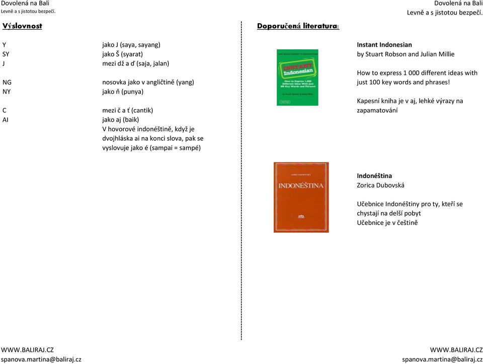 NY jako ň (punya) C mezi č a ť (cantik) Kapesní kniha je v aj, lehké výrazy na zapamatování AI jako aj (baik) V hovorové indonéštině, když je