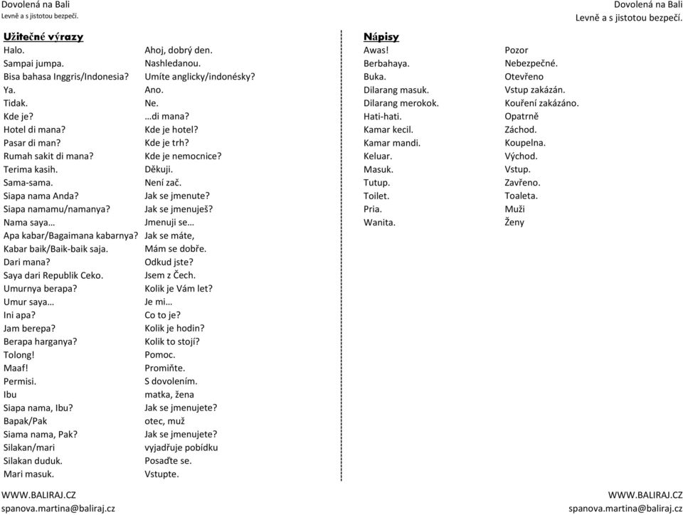 Kamar mandi. Koupelna. Rumah sakit di mana? Kde je nemocnice? Keluar. Východ. Terima kasih. Děkuji. Masuk. Vstup. Sama-sama. Není zač. Tutup. Zavřeno. Siapa nama Anda? Jak se jmenute? Toilet. Toaleta.