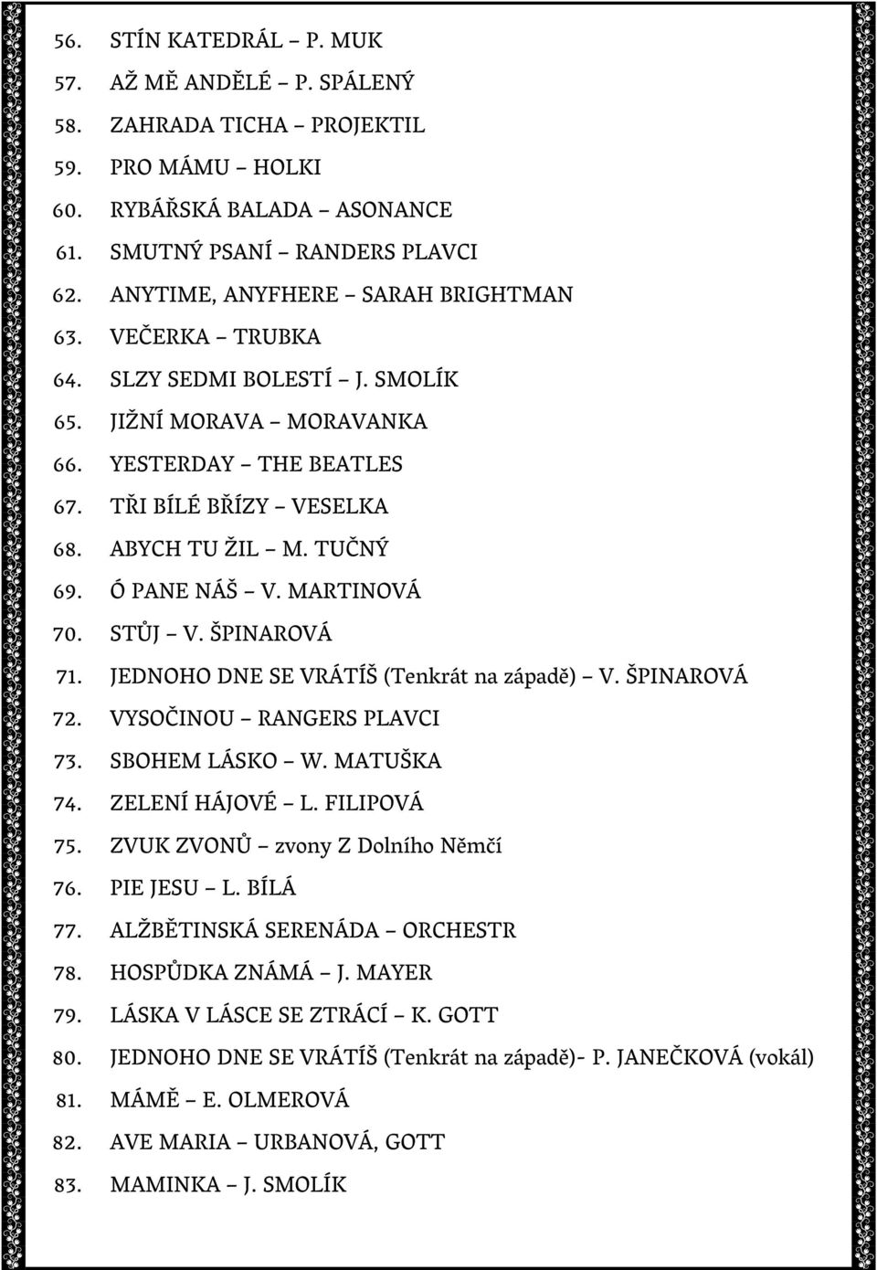 Ó PANE NÁŠ V. MARTINOVÁ 70. STŮJ V. ŠPINAROVÁ 71. JEDNOHO DNE SE VRÁTÍŠ (Tenkrát na západě) V. ŠPINAROVÁ 72. VYSOČINOU RANGERS PLAVCI 73. SBOHEM LÁSKO W. MATUŠKA 74. ZELENÍ HÁJOVÉ L. FILIPOVÁ 75.