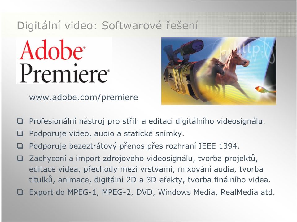 Podporuje video, audio a statické snímky. Podporuje bezeztrátový přenos přes rozhraní IEEE 1394.