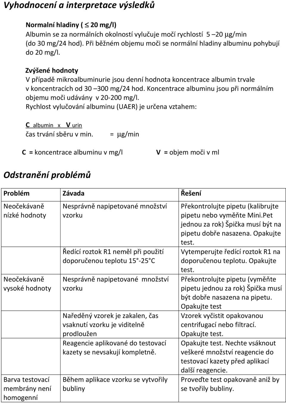 Koncentrace albuminu jsou při normálním objemu moči udávány v 20-200 mg/l. Rychlost vylučování albuminu (UAER) je určena vztahem: C albumin x V urin čas trvání sběru v min.