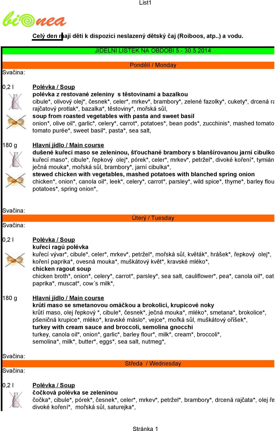 2014 Pondělí / Monday polévka z restované zeleniny s těstovinami a bazalkou cibule*, olivový olej*, česnek*, celer*, mrkev*, brambory*, zelené fazolky*, cukety*, drcená rajčata*, rajčatový protlak*,