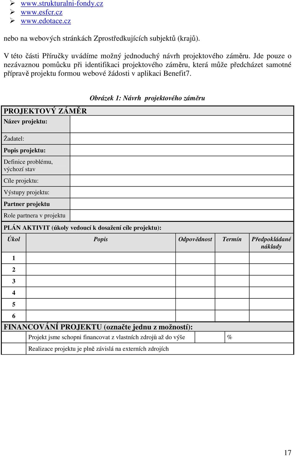 PROJEKTOVÝ ZÁMĚR Název projektu: Obrázek 1: Návrh projektového záměru Žadatel: Popis projektu: Definice problému, výchozí stav Cíle projektu: Výstupy projektu: Partner projektu Role partnera v