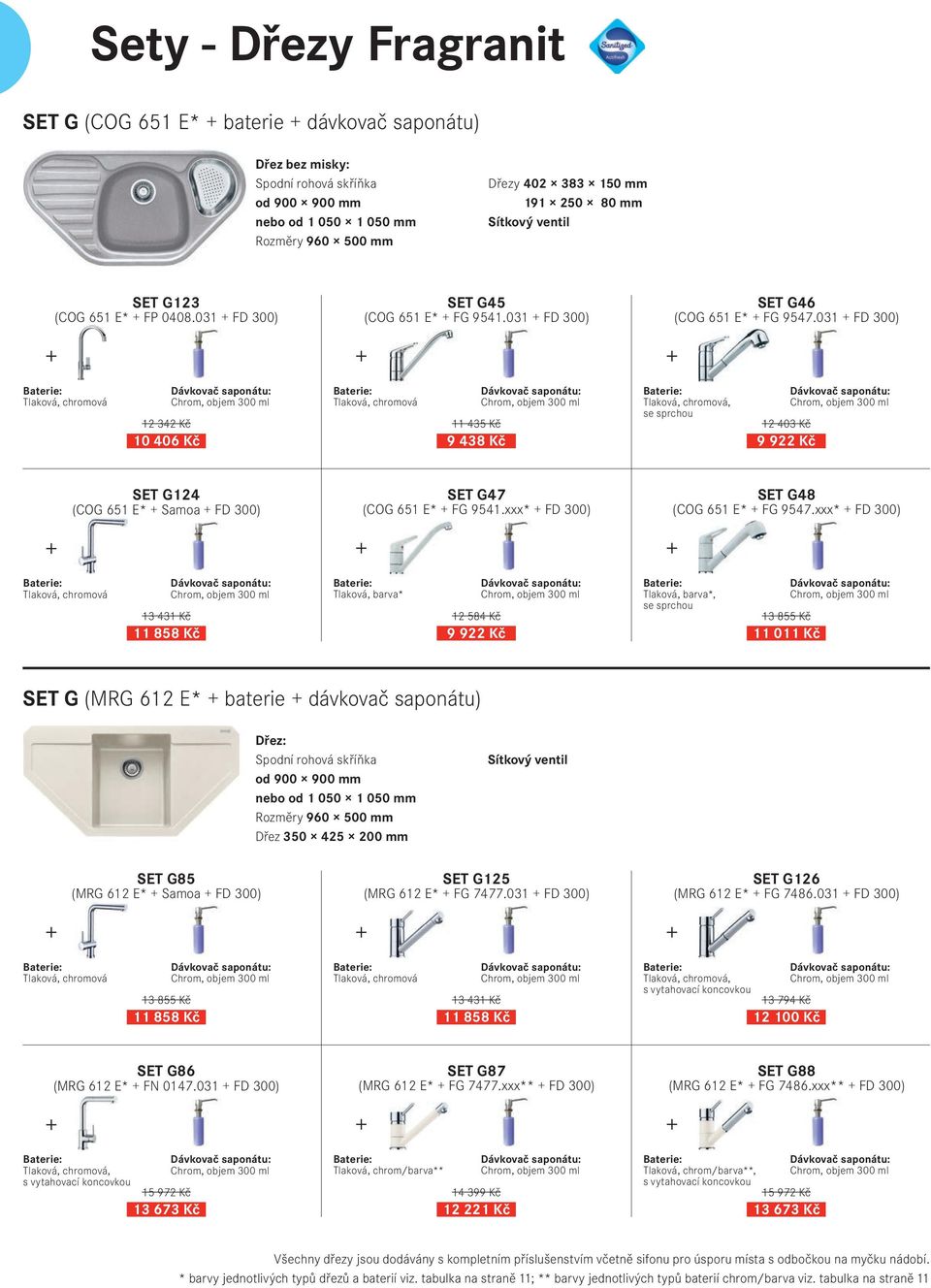 031 FD 300), chromová 12 342 Kč 10 406 Kč, chromová 11 435 Kč 9 438 Kč, chromová, se sprchou 12 403 Kč 9 922 Kč SET G124 (COG 651 E* Samoa FD 300) SET G47 (COG 651 E* FG 9541.