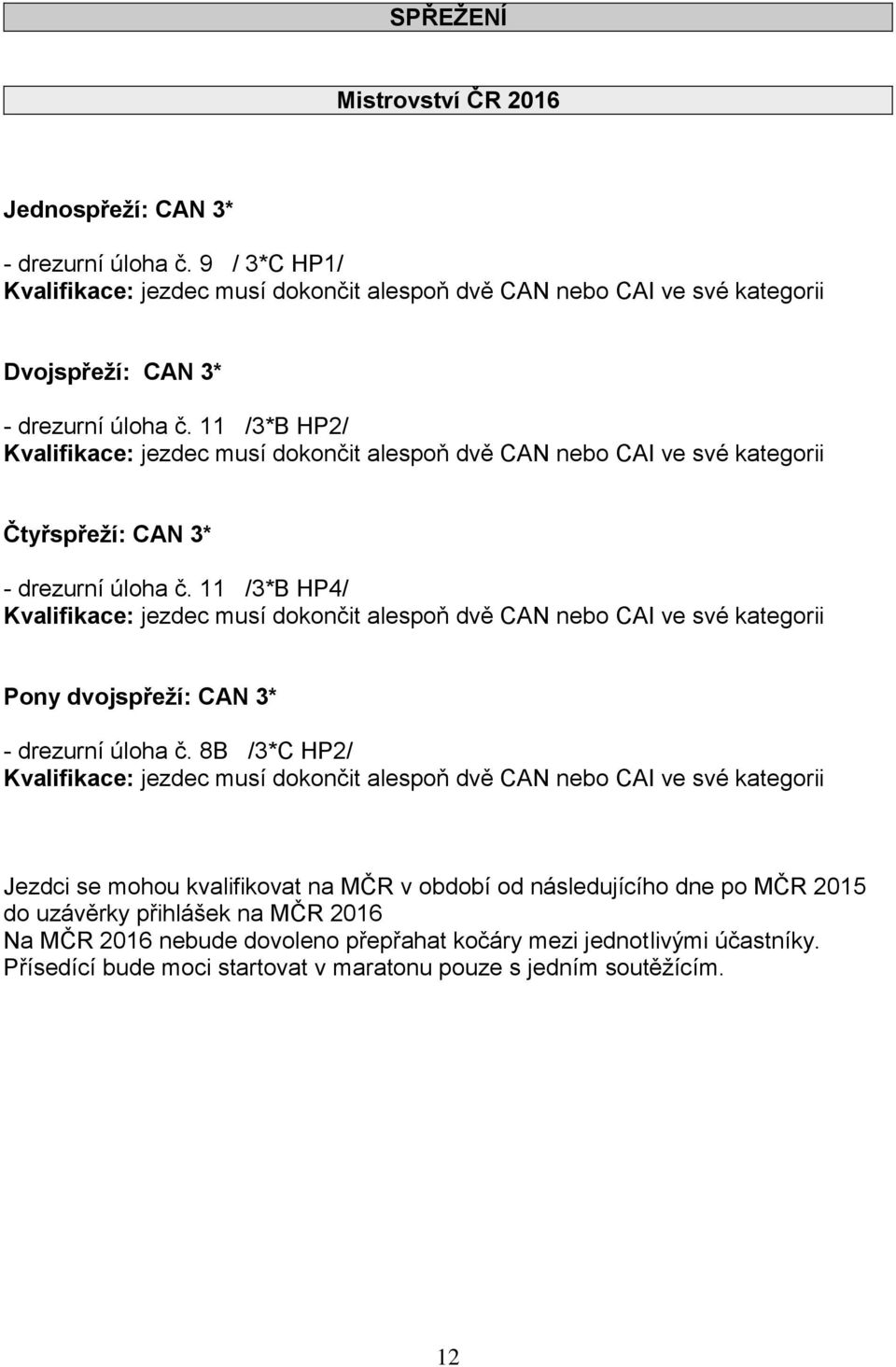 11 /3*B HP4/ Kvalifikace: jezdec musí dokončit alespoň dvě CAN nebo CAI ve své kategorii Pony dvojspřeží: CAN 3* - drezurní úloha č.