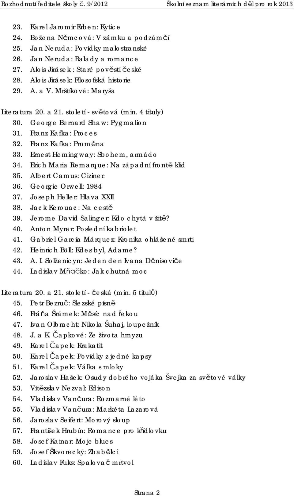 Franz Kafka: Prom na 33. Ernest Hemingway: Sbohem, armádo 34. Erich Maria Remarque: Na západní front klid 35. Albert Camus: Cizinec 36. Georgie Orwell: 1984 37. Joseph Heller: Hlava XXII 38.