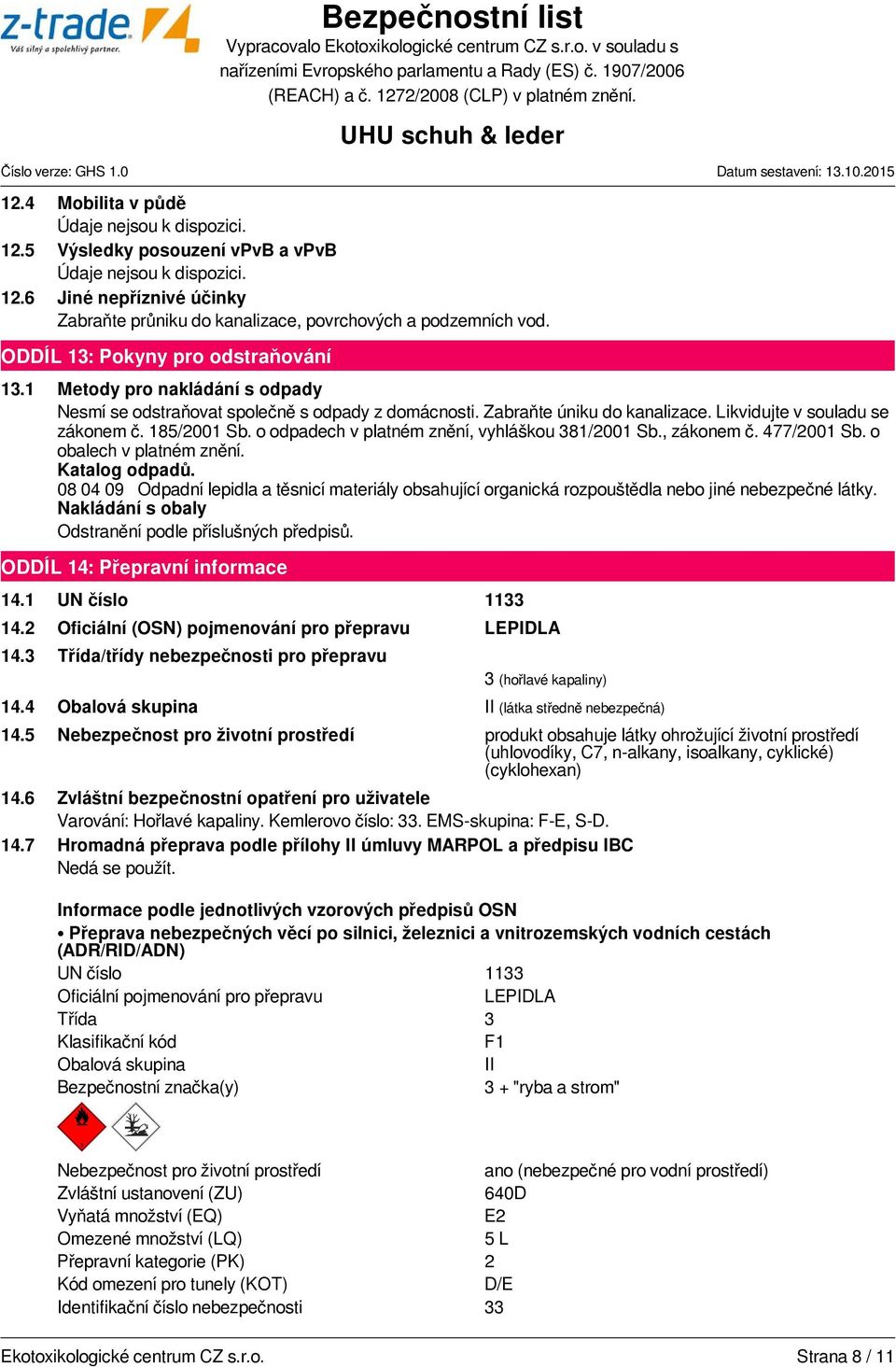 o odpadech v platném znění, vyhláškou 381/2001 Sb., zákonem č. 477/2001 Sb. o obalech v platném znění. Katalog odpadů.