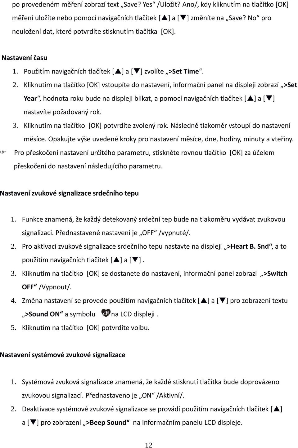 Kliknutím na tlačítko [OK] vstoupíte do nastavení, informační panel na displeji zobrazí >Set Year, hodnota roku bude na displeji blikat, a pomocí navigačních tlačítek [ ] a [ ] nastavíte požadovaný