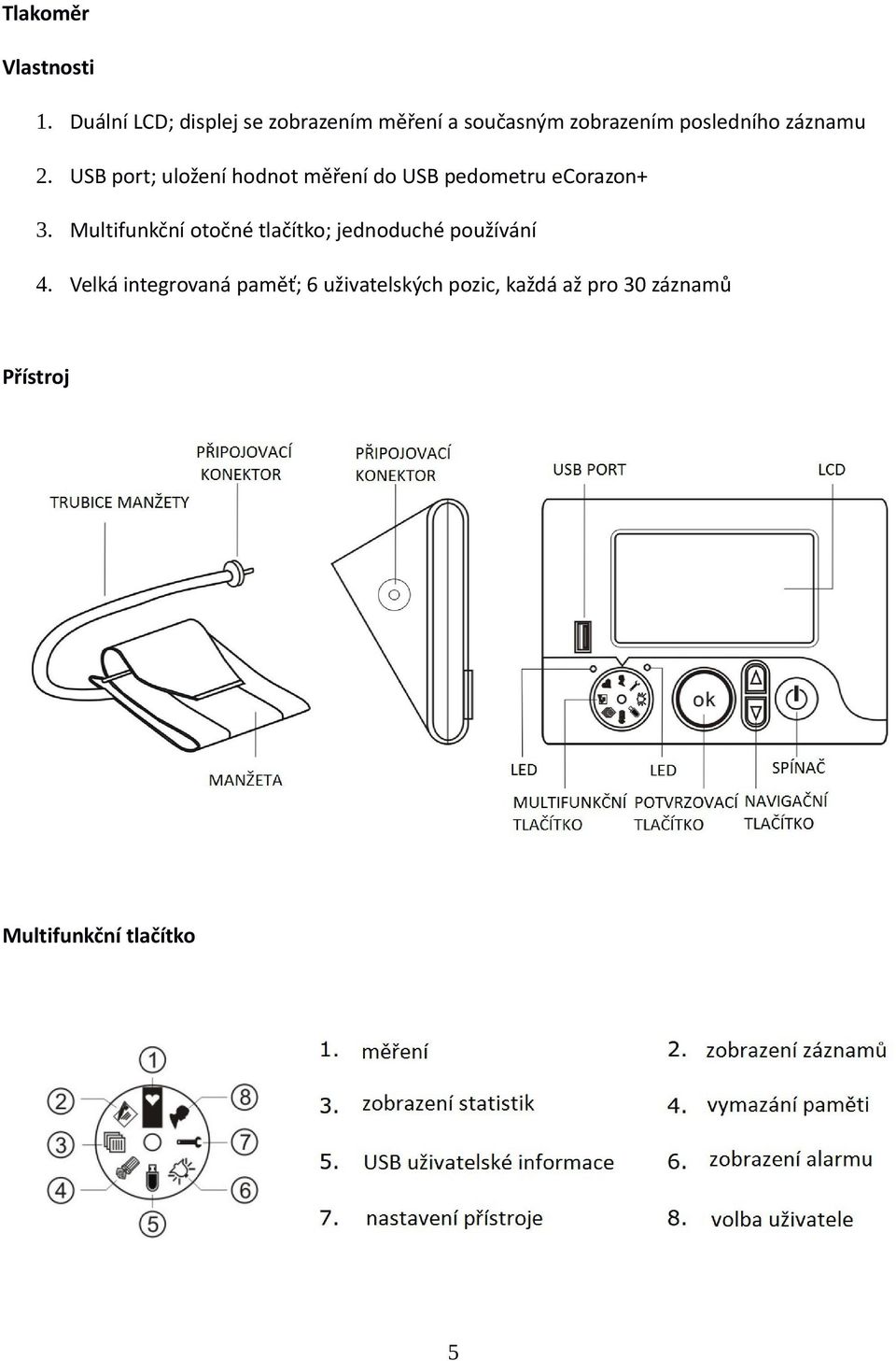 2. USB port; uložení hodnot měření do USB pedometru ecorazon+ 3.