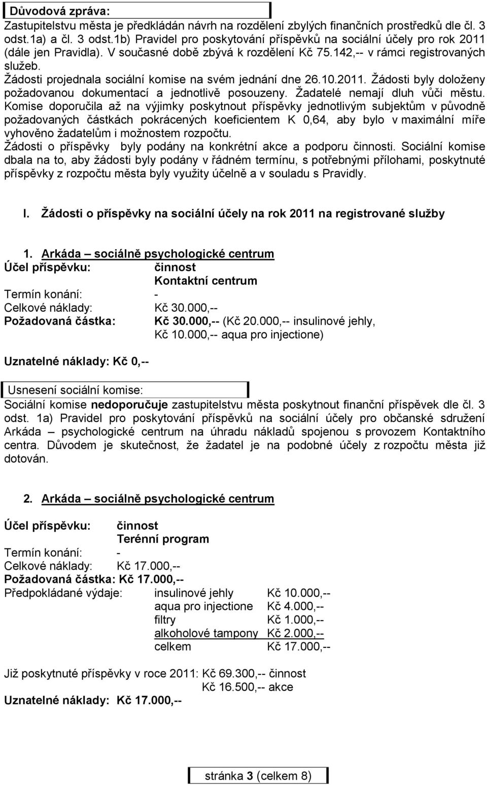 Žádosti projednala sociální komise na svém jednání dne 26.10.2011. Žádosti byly doloženy požadovanou dokumentací a jednotlivě posouzeny. Žadatelé nemají dluh vůči městu.