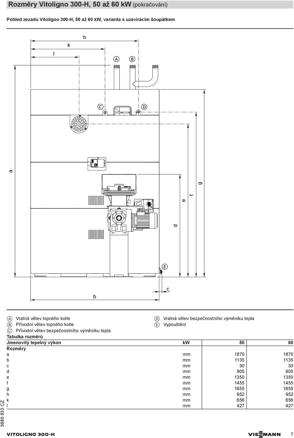 ezpečnostního výměníku tepl E Vypouštění Tulk rozměrů Jmenovitý tepelný výkon kw 50 60 Rozměry mm 1870 1870 mm 1135 1135 mm