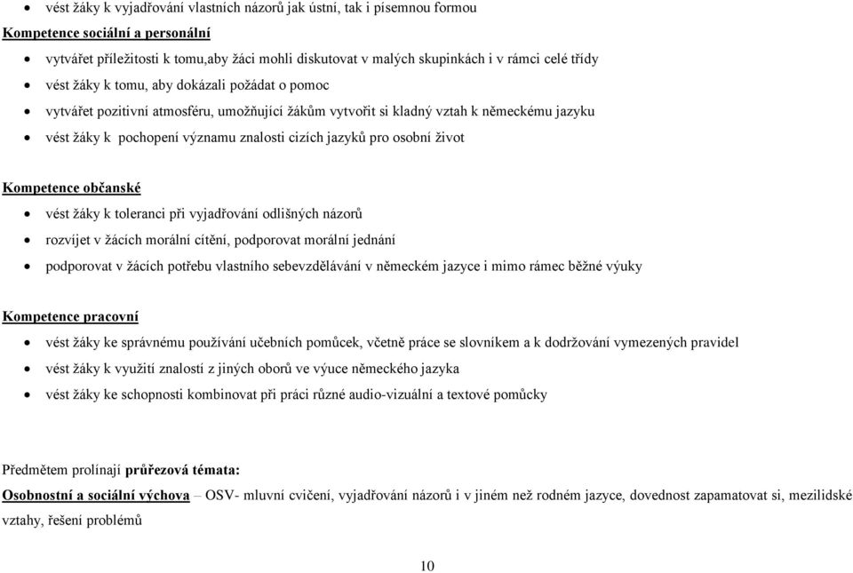 pro osobní život Kompetence občanské vést žáky k toleranci při vyjadřování odlišných názorů rozvíjet v žácích morální cítění, podporovat morální jednání podporovat v žácích potřebu vlastního