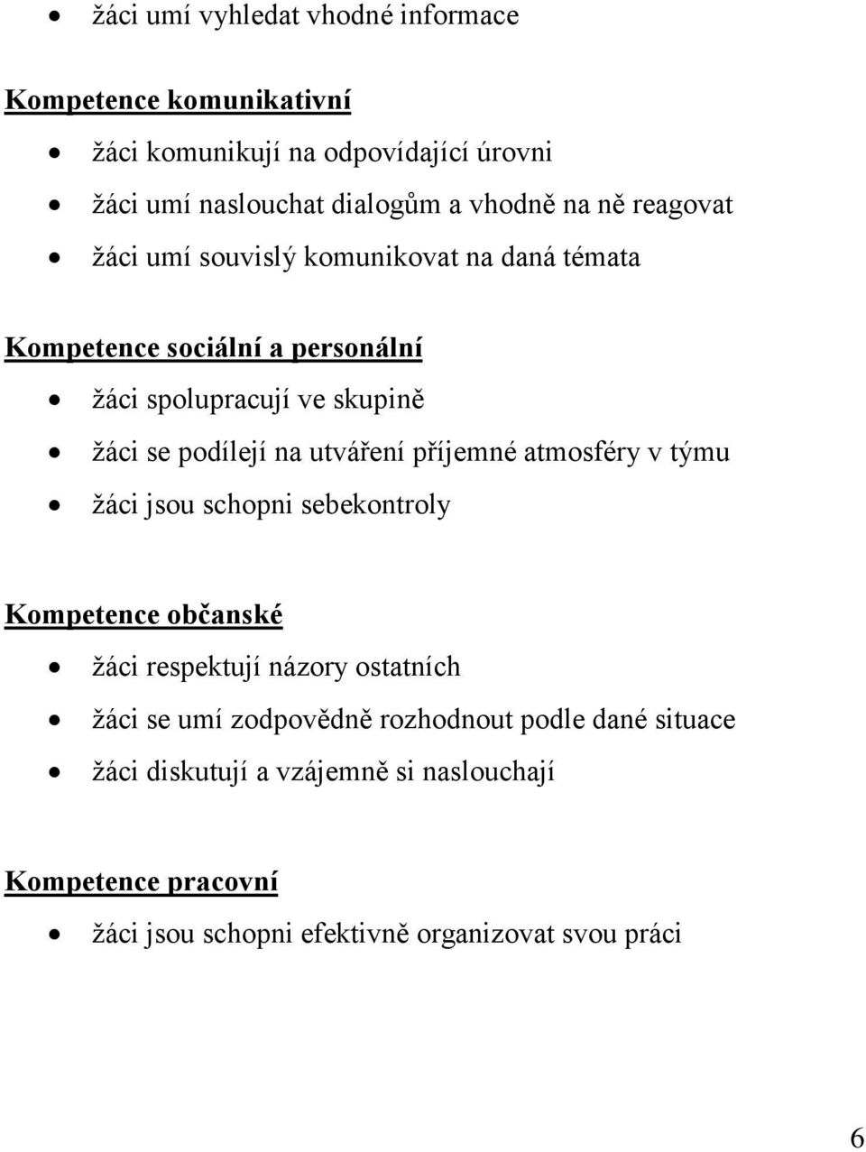 utváření příjemné atmosféry v týmu žáci jsou schopni sebekontroly Kompetence občanské žáci respektují názory ostatních žáci se umí