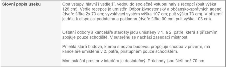 V přízemí je dále k dispozici podatelna a pokladna (dveře šířka 90 cm; pult výška 103 cm). Ostatní odbory a kanceláře starosty jsou umístěny v 1. a 2.