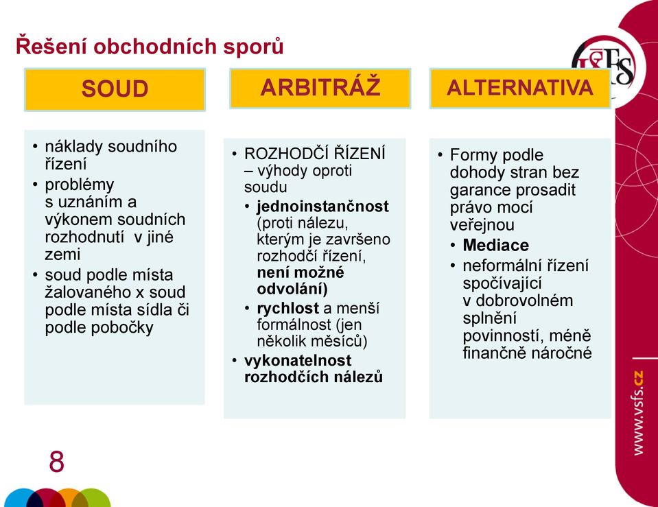 završeno rozhodčí řízení, není možné odvolání) rychlost a menší formálnost (jen několik měsíců) vykonatelnost rozhodčích nálezů Formy podle