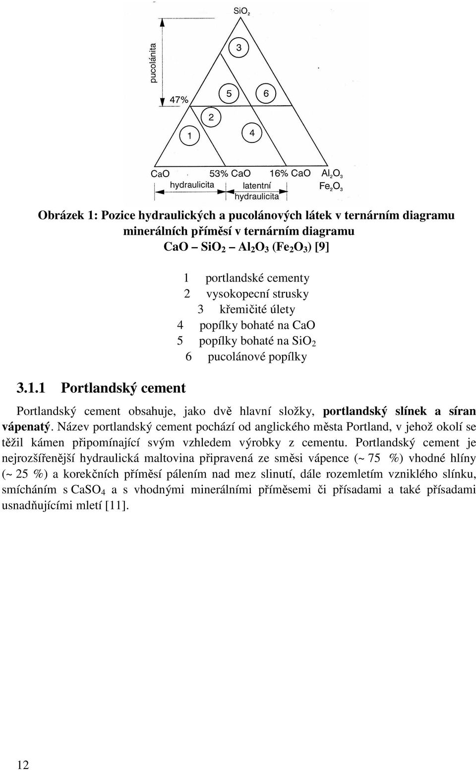 1 Portlandský cement 1 portlandské cementy 2 vysokopecní strusky 3 křemičité úlety 4 popílky bohaté na CaO 5 popílky bohaté na SiO 2 6 pucolánové popílky Portlandský cement obsahuje, jako dvě hlavní