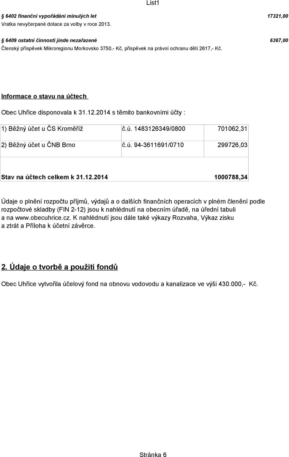 12.2014 s těmito bankovními účty : 1) Běžný účet u ČS Kroměříž č.ú. 1483126349/0800 701062,31 2) Běžný účet u ČNB Brno č.ú. 94-3611691/0710 299726,03 Stav na účtech celkem k 31.12.2014 1000788,34