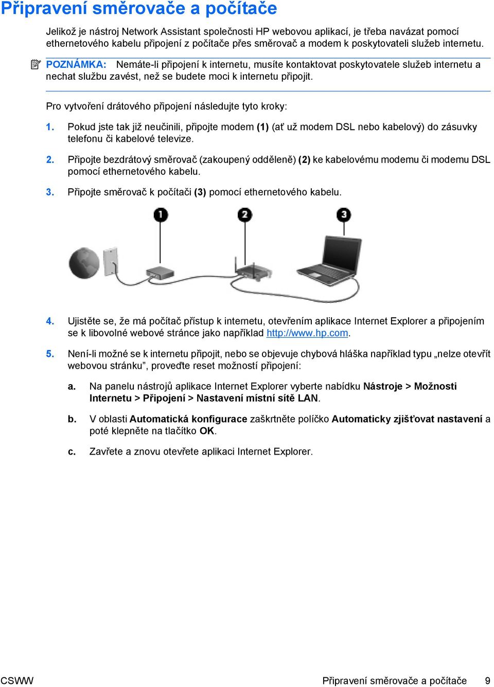 Pro vytvoření drátového připojení následujte tyto kroky: 1. Pokud jste tak již neučinili, připojte modem (1) (ať už modem DSL nebo kabelový) do zásuvky telefonu či kabelové televize. 2.