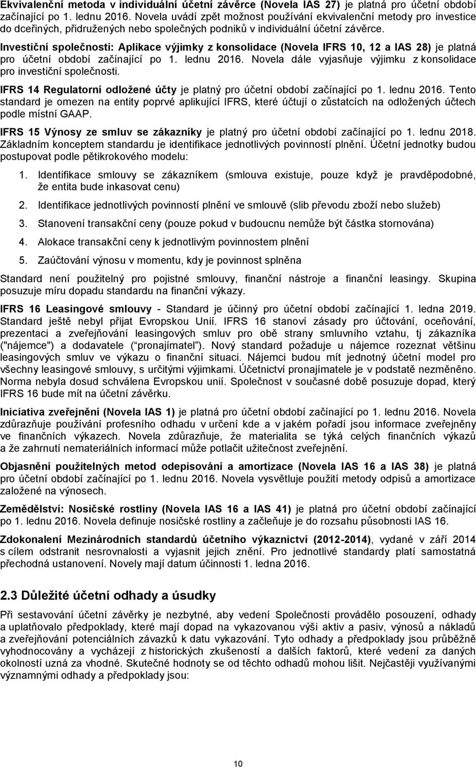 Investiční společnosti: Aplikace výjimky z konsolidace (Novela IFRS 10, 12 a IAS 28) je platná pro účetní období začínající po 1. lednu 2016.