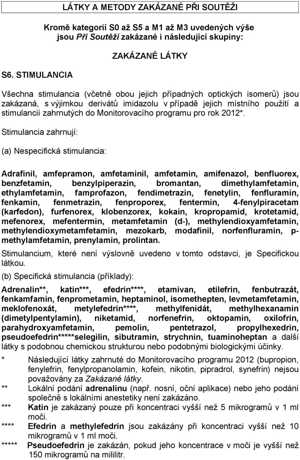 Stimulancia zahrnují: (a) Nespecifická stimulancia: Adrafinil, amfepramon, amfetaminil, amfetamin, amifenazol, benfluorex, benzfetamin, benzylpiperazin, bromantan, dimethylamfetamin, ethylamfetamin,