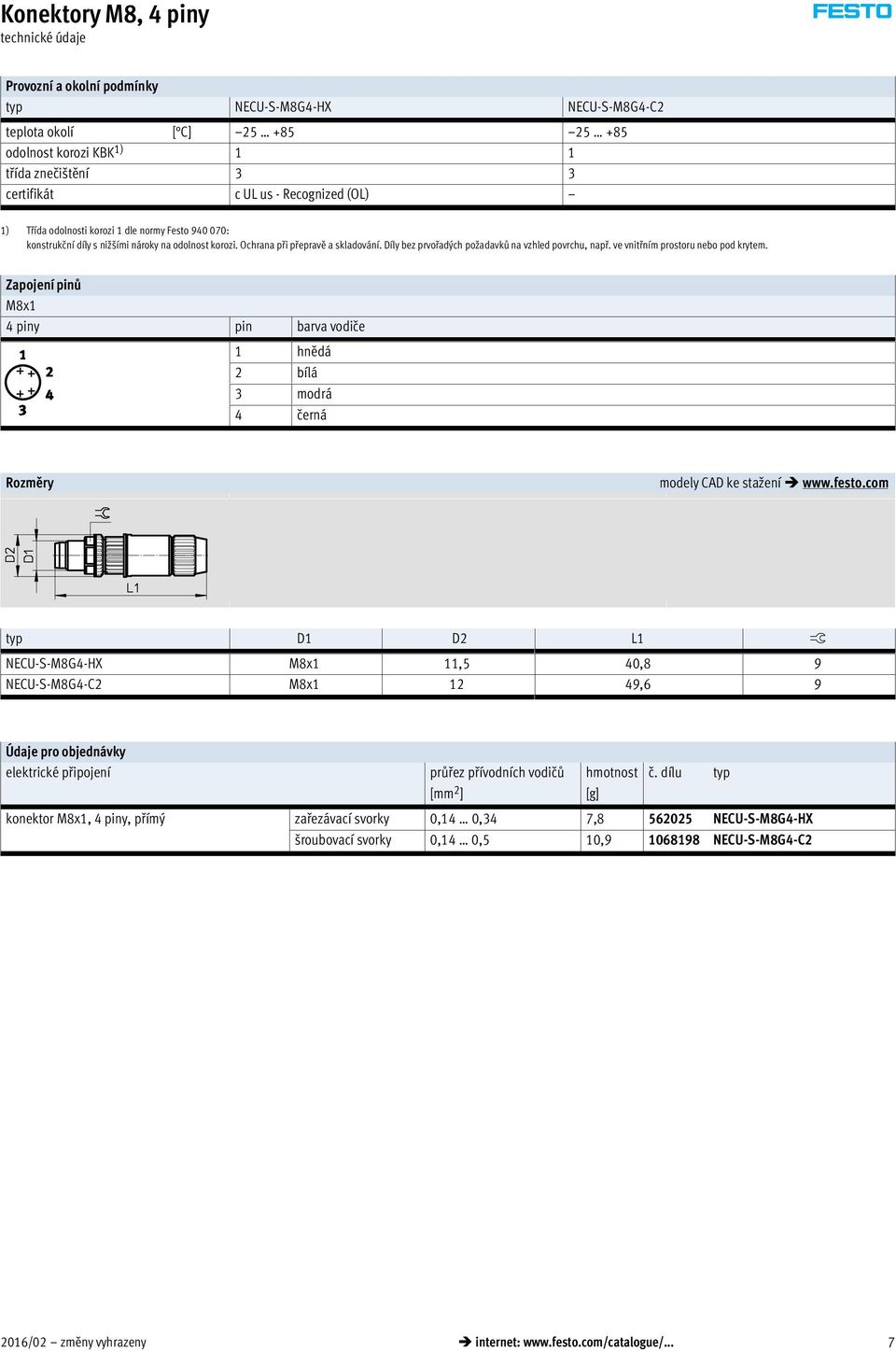 ve vnitřním prostoru nebo pod krytem. Zapojení pinů M8x1 4 piny pin barva vodiče 1 hnědá 2 bílá 3 modrá 4 černá Rozměry modely CAD ke stažení www.festo.