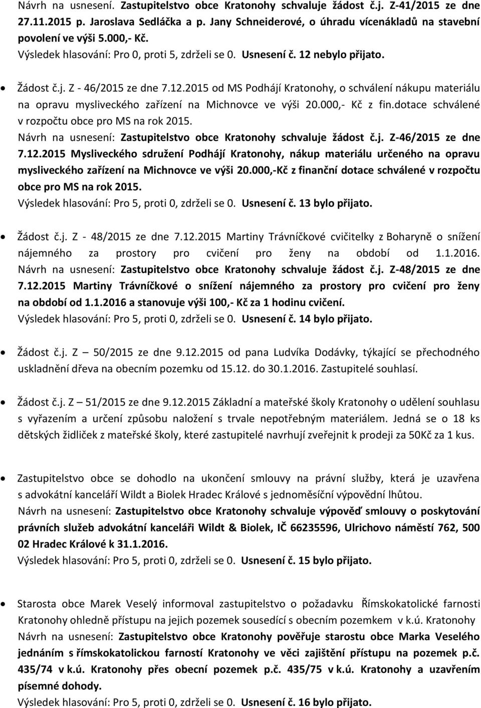 000,- Kč z fin.dotace schválené v rozpočtu obce pro MS na rok 2015. Návrh na usnesení: Zastupitelstvo obce Kratonohy schvaluje žádost č.j. Z-46/2015 ze dne 7.12.