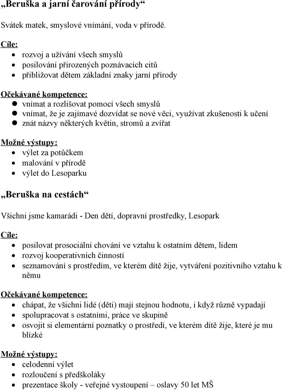 zajímavé dozvídat se nové věci, využívat zkušenosti k učení znát názvy některých květin, stromů a zvířat Možné výstupy: výlet za potůčkem malování v přírodě výlet do Lesoparku Beruška na cestách