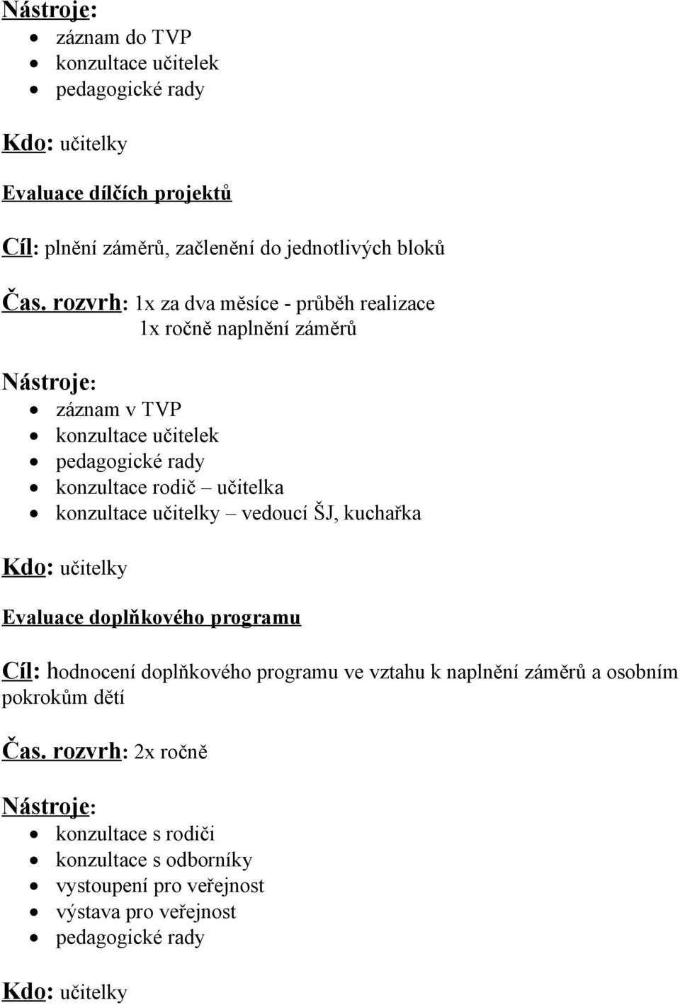 konzultace učitelky vedoucí ŠJ, kuchařka Kdo: učitelky Evaluace doplňkového programu Cíl: hodnocení doplňkového programu ve vztahu k naplnění záměrů a osobním