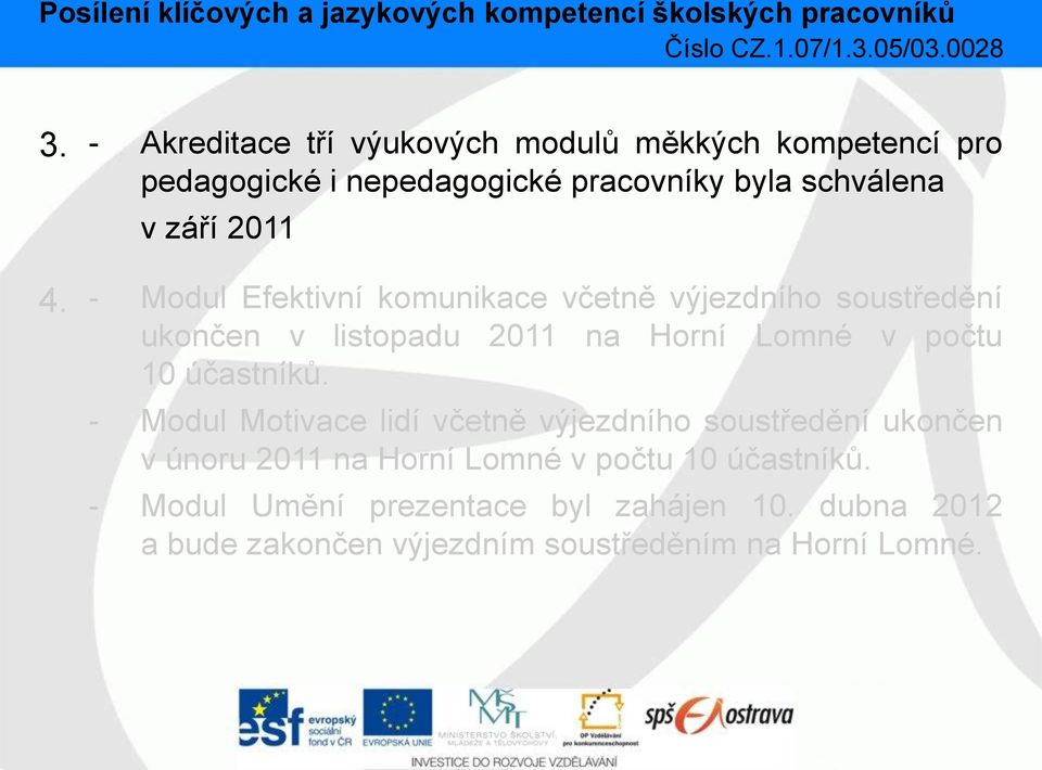 - Modul Efektivní komunikace včetně výjezdního soustředění ukončen v listopadu 2011 na Horní Lomné v počtu 10