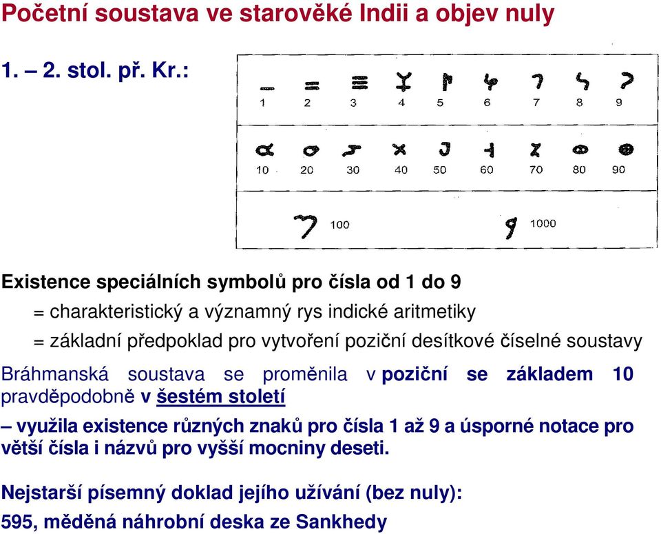 vytvoření poziční desítkové číselné soustavy Bráhmanská soustava se proměnila v poziční se základem 10 pravděpodobně v šestém století