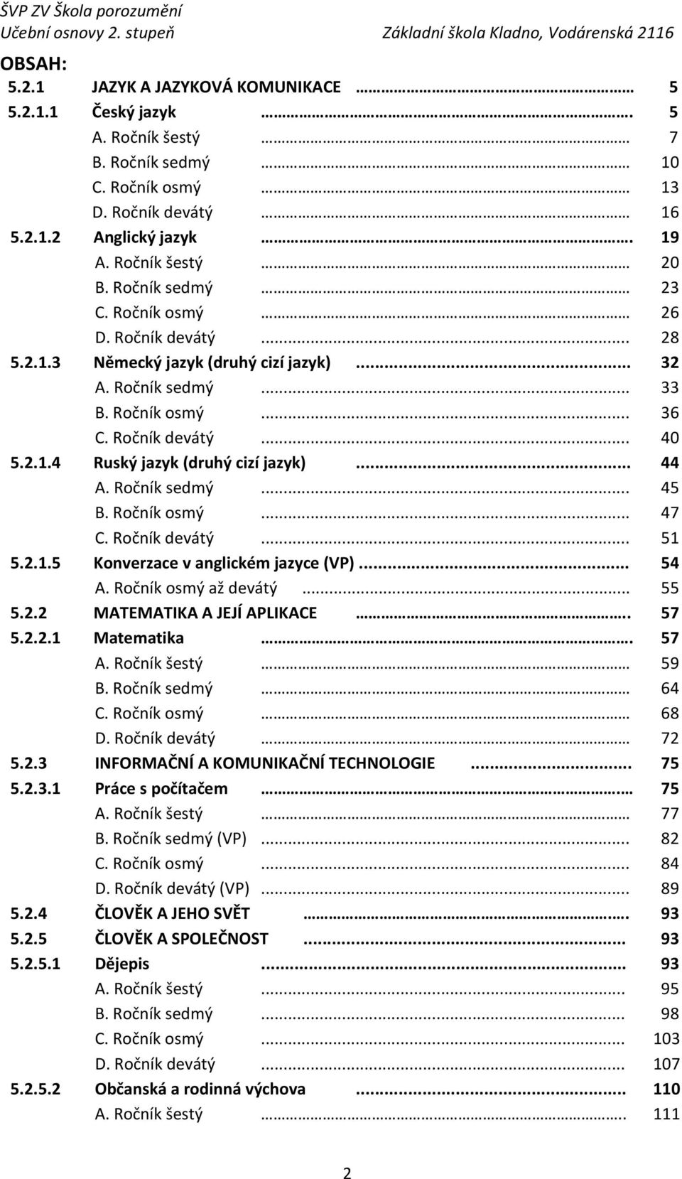 .. 44 A. Ročník sedmý... 45 B. Ročník osmý... 47 C. Ročník devátý... 51 5.2.1.5 Konverzace v anglickém jazyce (VP)... 54 A. Ročník osmý až devátý... 55 5.2.2 MATEMATIKA A JEJÍ APLIKACE.. 57 5.2.2.1 Matematika.