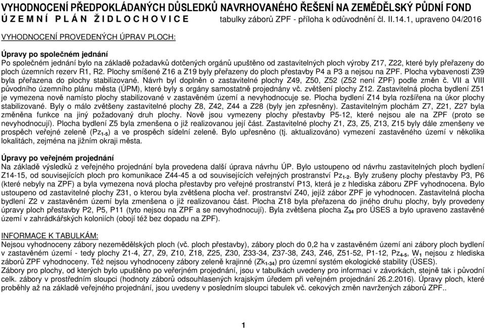 které byly přeřazeny do ploch územních rezerv R1, R2. Plochy smíšené Z16 a Z19 byly přeřazeny do ploch přestavby P4 a P3 a nejsou na ZPF. Plocha vybavenosti Z39 byla přeřazena do plochy stabilizované.