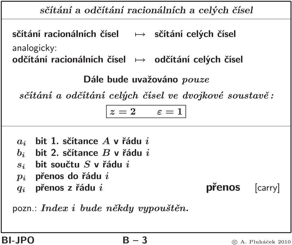 ve dvojkové soustavě: z=2 ε=1 a i bit1.sčítance Avřádu i b i bit2.